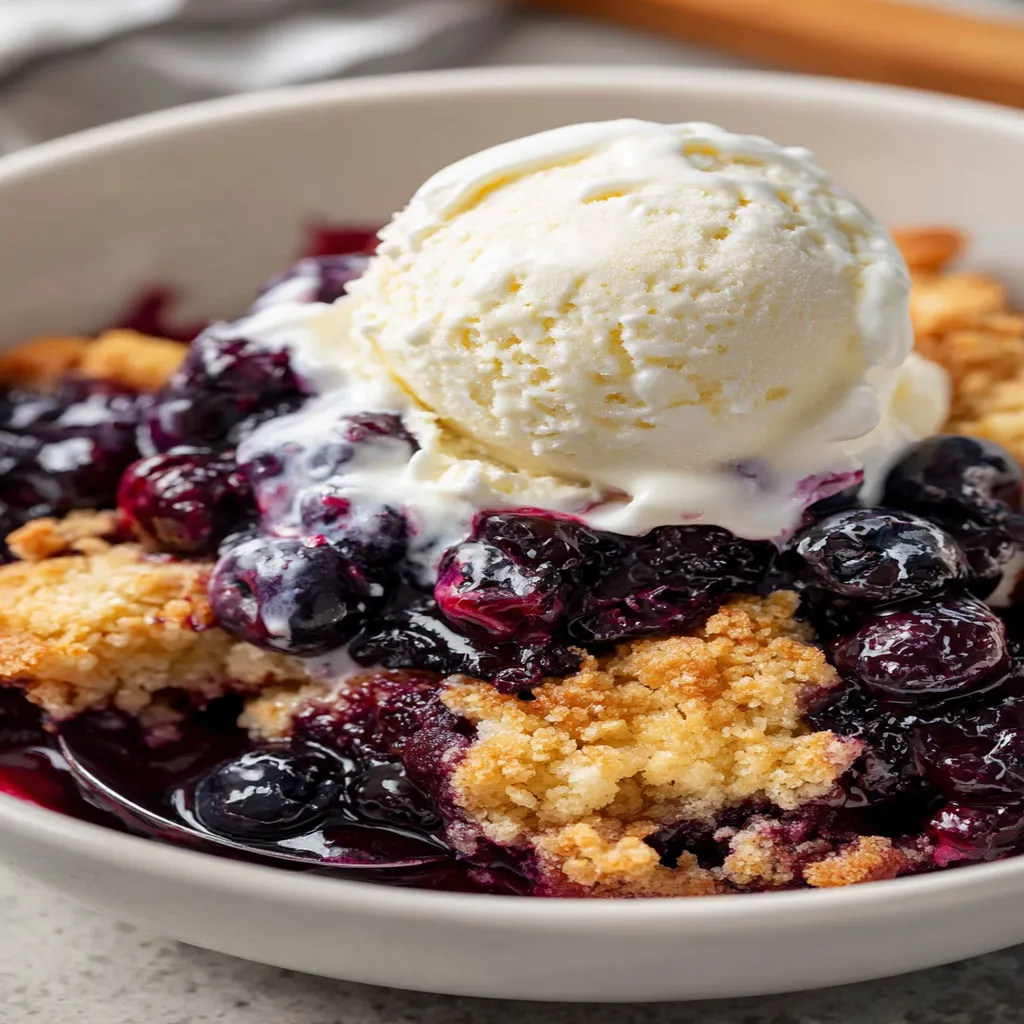 blueberry cobbler, easy recipe, delicious dessert, fruity, golden crust, sweet and juicy