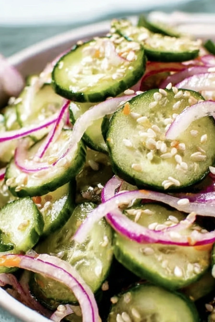 Asian cucumber salad, refreshing, crunchy, sesame dressing, flavorful, healthy, vibrant colors