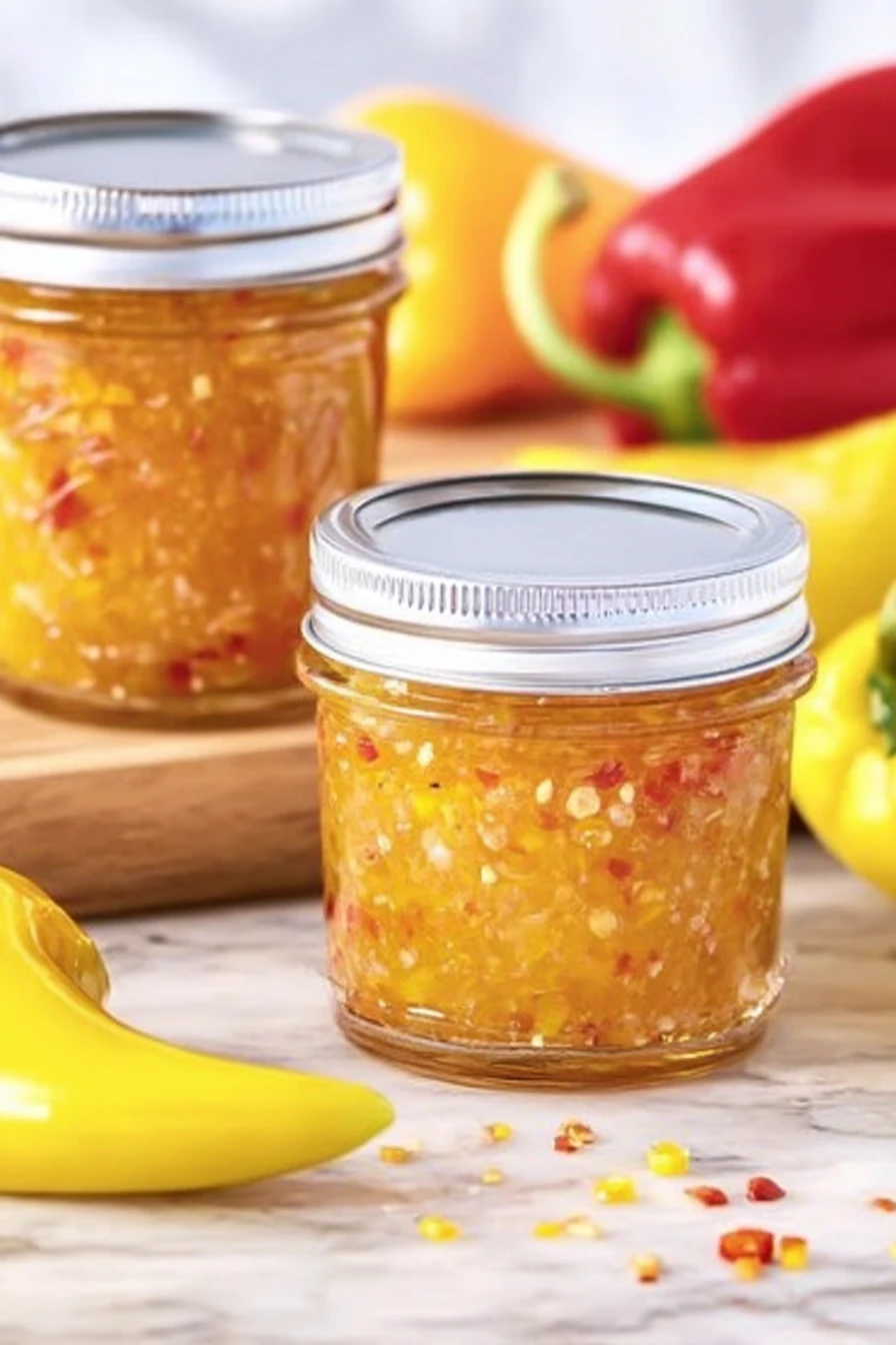 banana pepper relish, spicy condiment, tangy flavor, vibrant colors, zesty kick