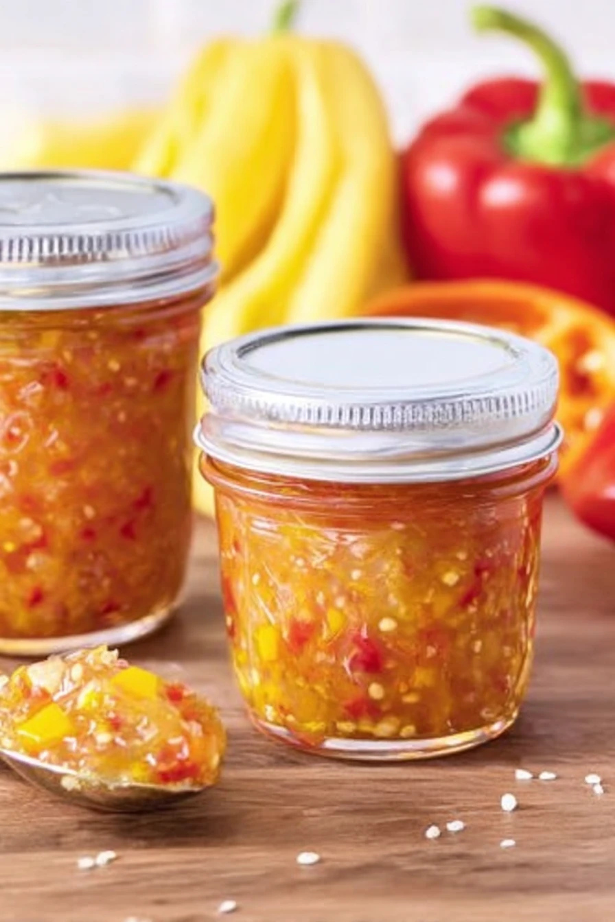 banana pepper relish, spicy condiment, tangy flavor, vibrant colors, zesty kick