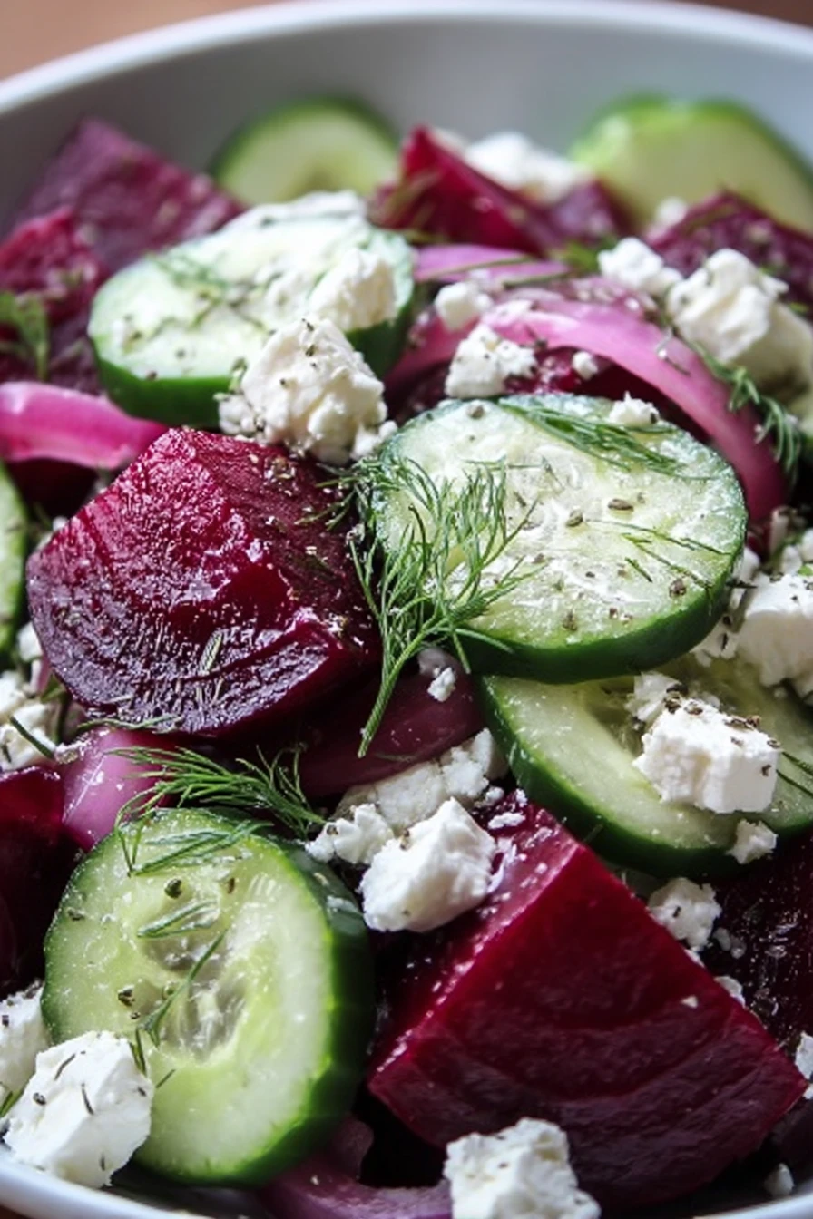 beet salad, feta cheese, refreshing cucumbers, aromatic dill, vibrant colors