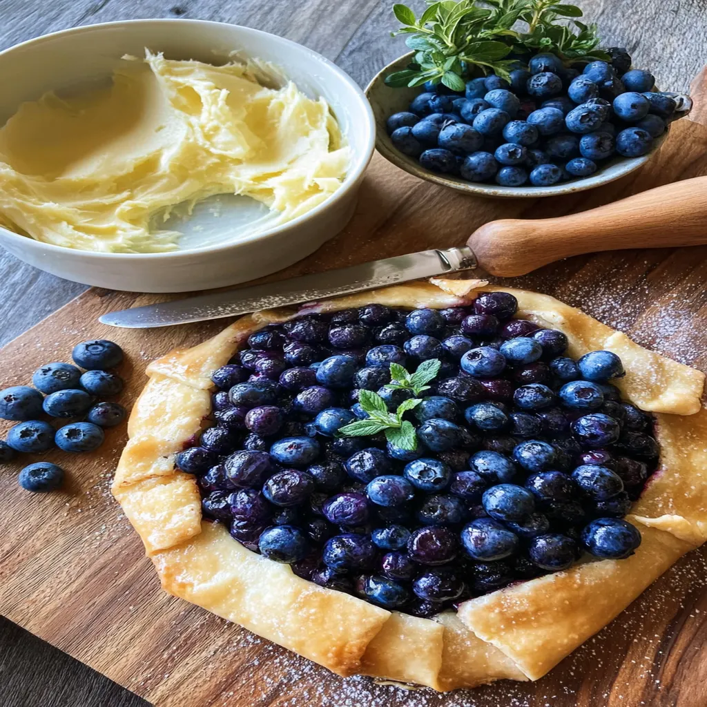blueberry galette, homemade dessert, juicy berries, flaky crust, sweet and tangy