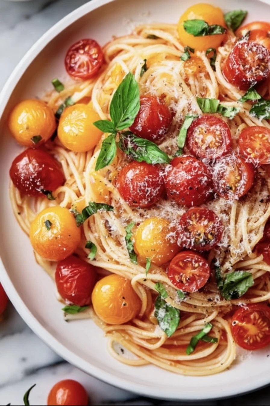 burst cherry tomatoes, pasta, vibrant colors, fresh ingredients, flavorful sauce