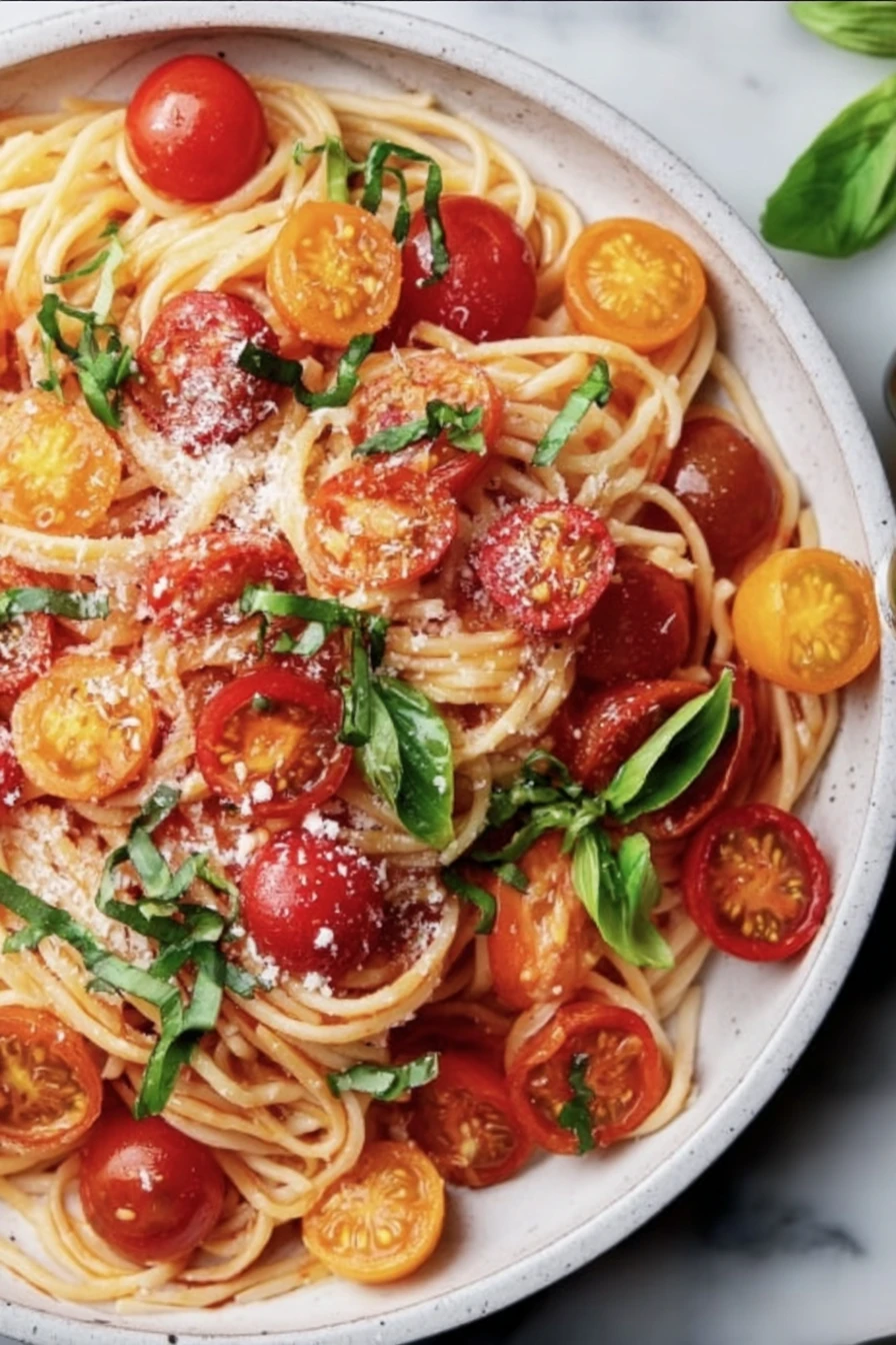 burst cherry tomatoes, pasta, vibrant colors, fresh ingredients, flavorful sauce