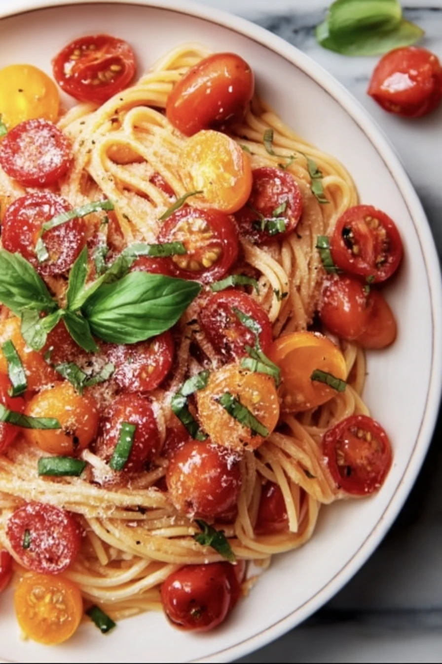 burst cherry tomatoes, pasta, vibrant colors, fresh ingredients, flavorful sauce