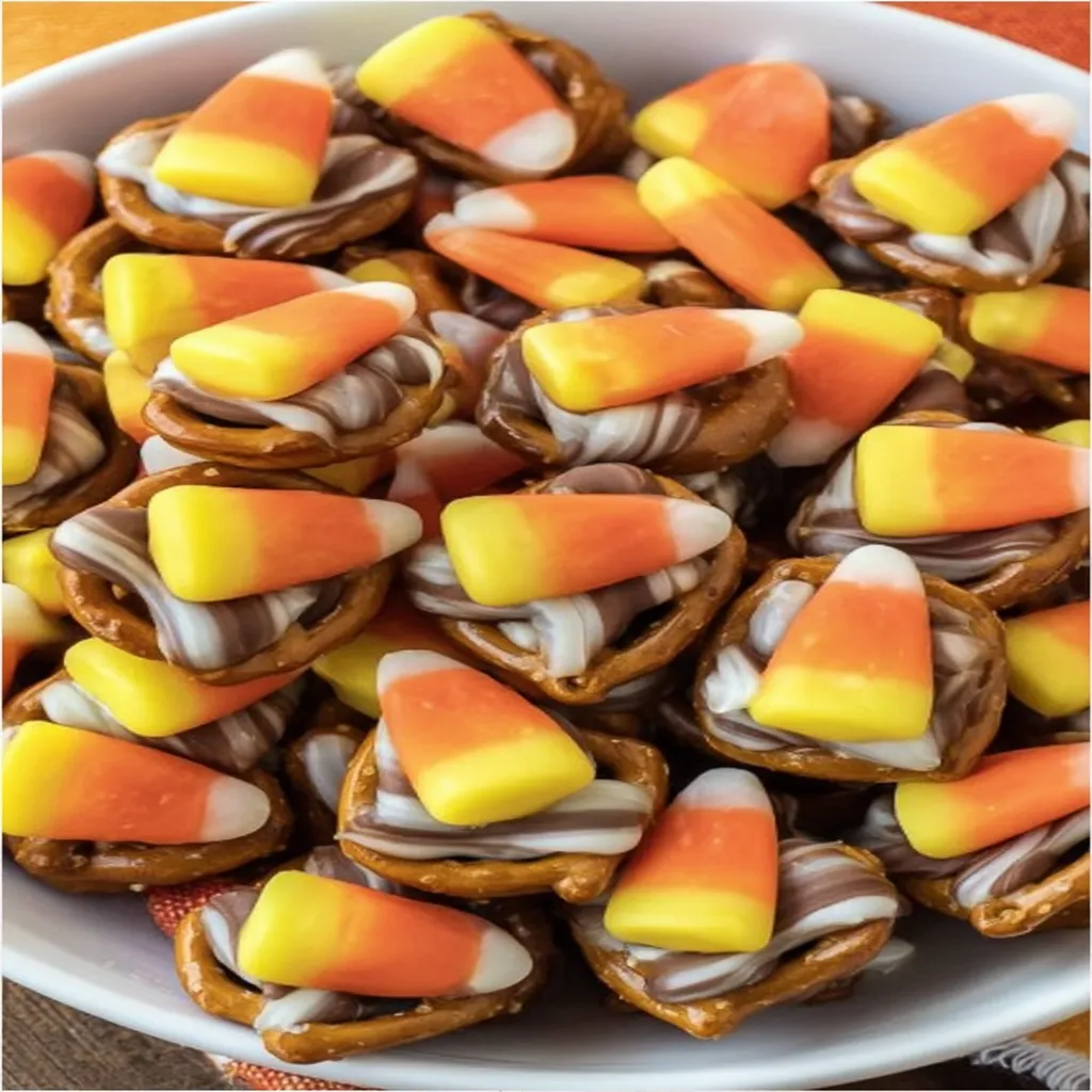 candy corn pretzel bites, Halloween treat, colorful, crunchy, sweet and salty