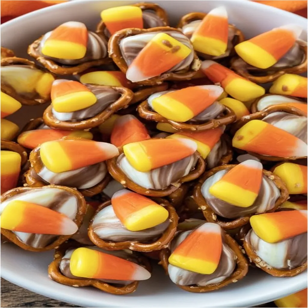 candy corn pretzel bites, Halloween treat, colorful, crunchy, sweet and salty
