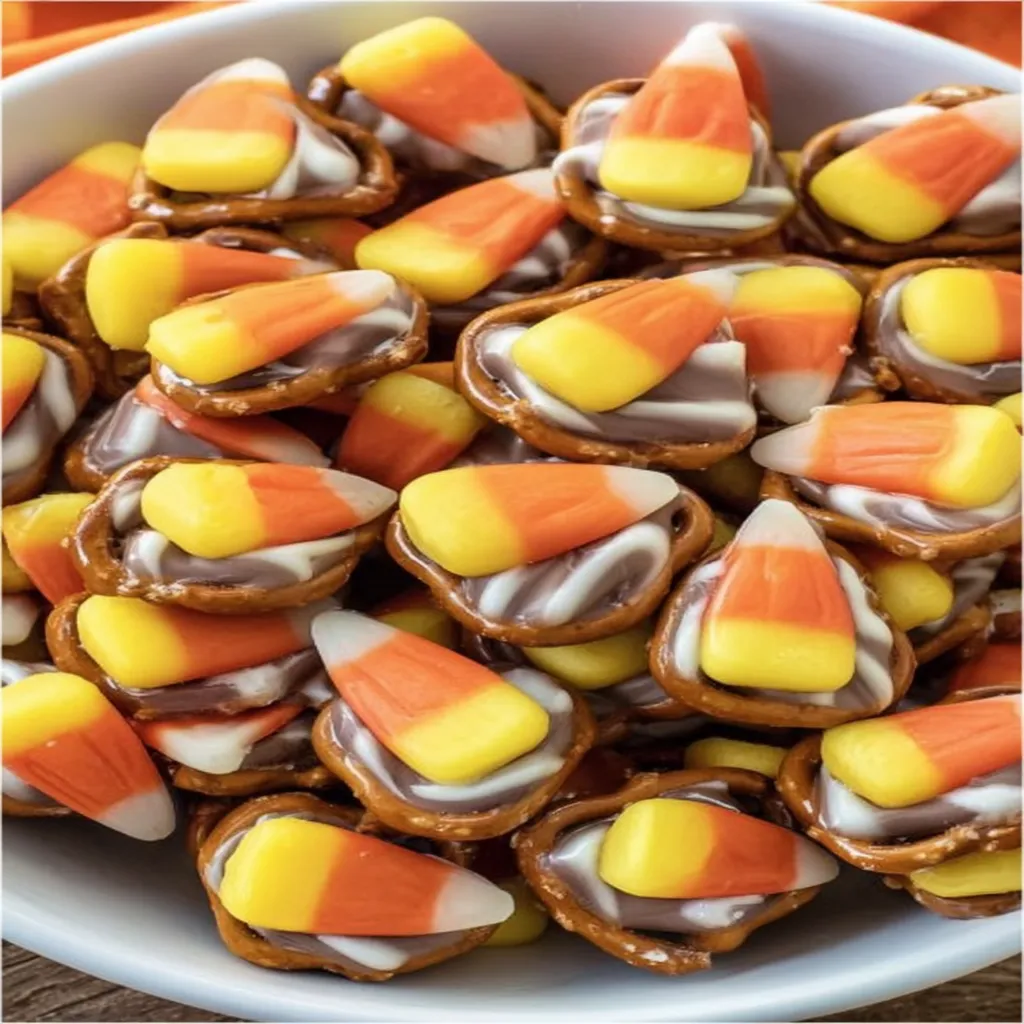 candy corn pretzel bites, Halloween treat, colorful, crunchy, sweet and salty