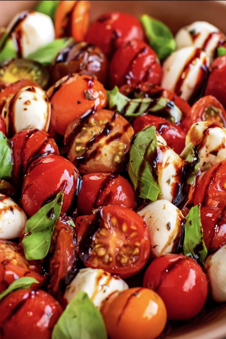 cherry tomato caprese salad, fresh, vibrant, colorful, basil, mozzarella, balsamic glaze