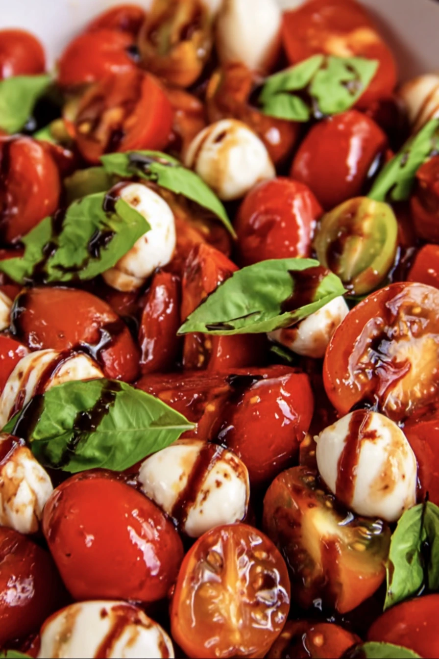 cherry tomato caprese salad, fresh, vibrant, colorful, basil, mozzarella, balsamic glaze