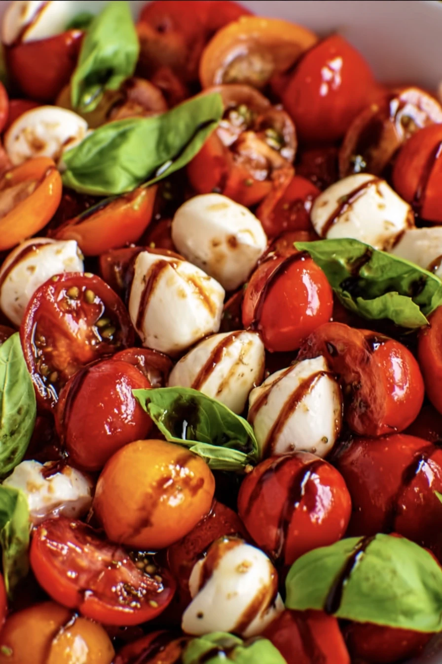 cherry tomato caprese salad, fresh, vibrant, colorful, basil, mozzarella, balsamic glaze