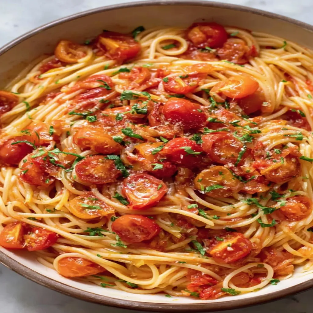 cherry tomato pasta, savory recipe, delicious, colorful, Italian cuisine