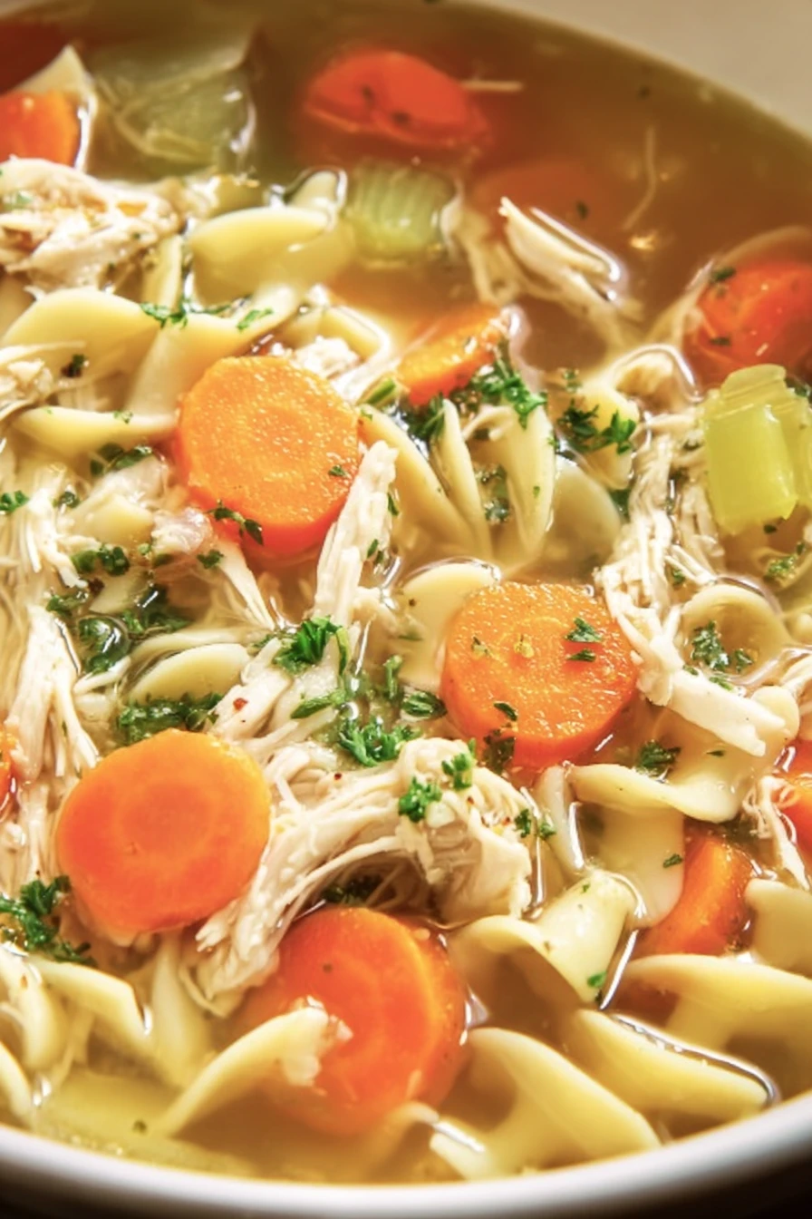 chicken noodle soup, comforting, savory broth, hearty vegetables, steaming bowl