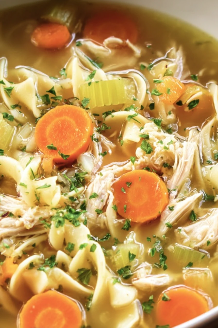 chicken noodle soup, comforting, savory broth, hearty vegetables, steaming bowl