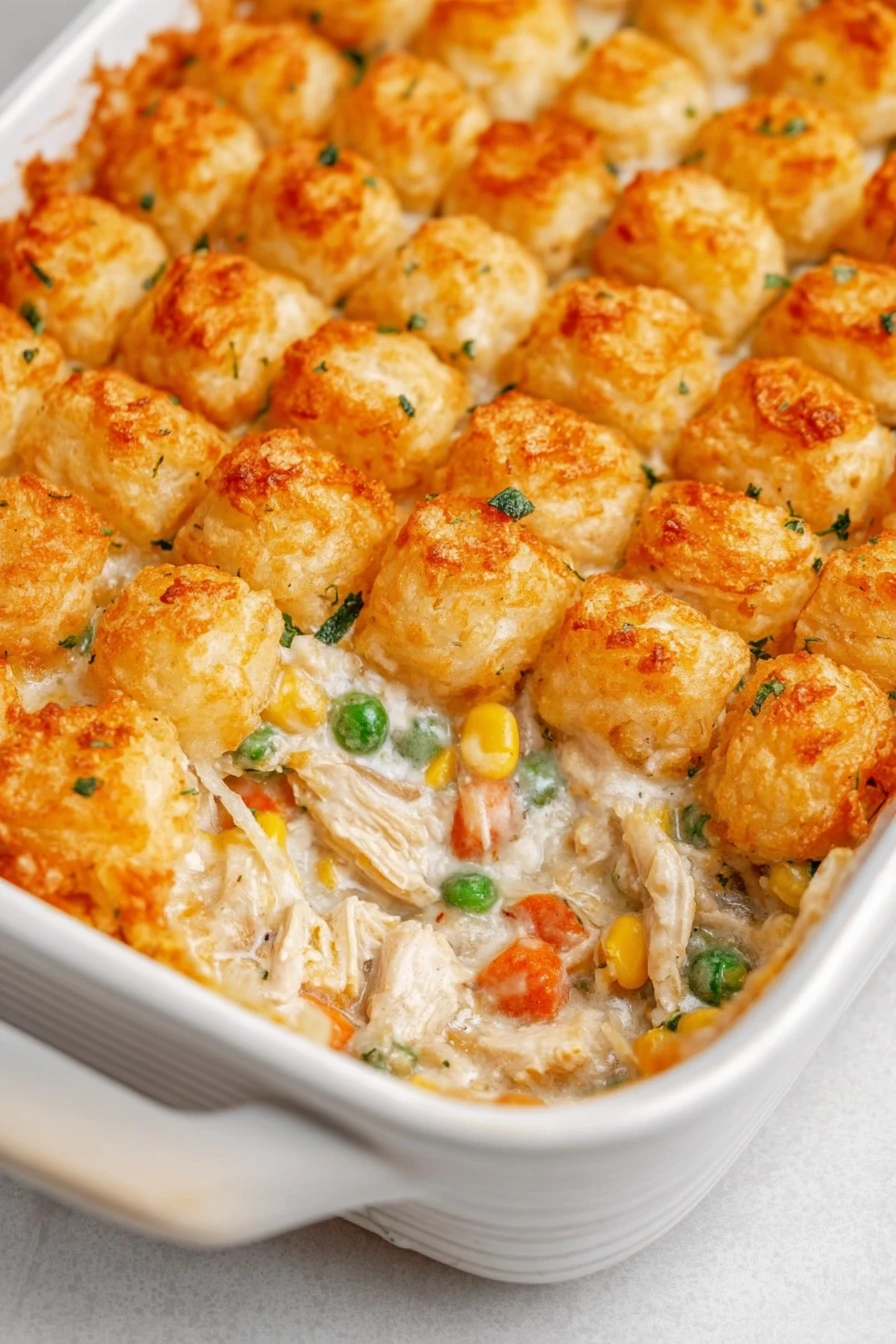 chicken pot pie hotdish, savory comfort food, golden crust, hearty, delicious, warm, satisfying flavor