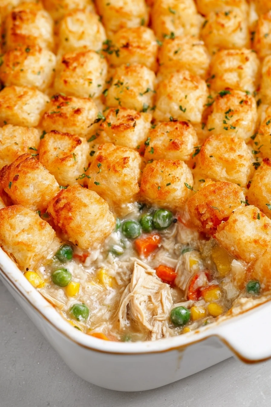 chicken pot pie hotdish, savory comfort food, golden crust, hearty, delicious, warm, satisfying flavor