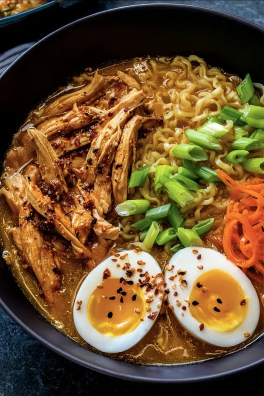 chicken ramen, savory broth, tender noodles, flavorful seasoning, comfort food