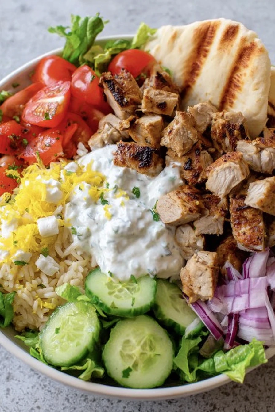 chicken shawarma, flavorful spices, fresh vegetables, Mediterranean cuisine, delicious, colorful, satisfying bowl