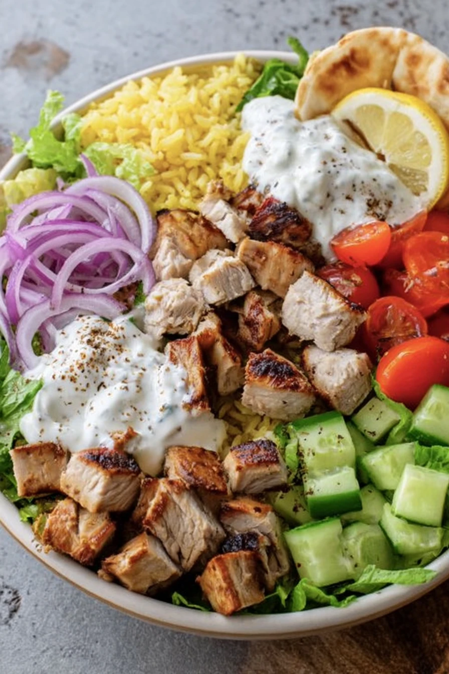 chicken shawarma, flavorful spices, fresh vegetables, Mediterranean cuisine, delicious, colorful, satisfying bowl