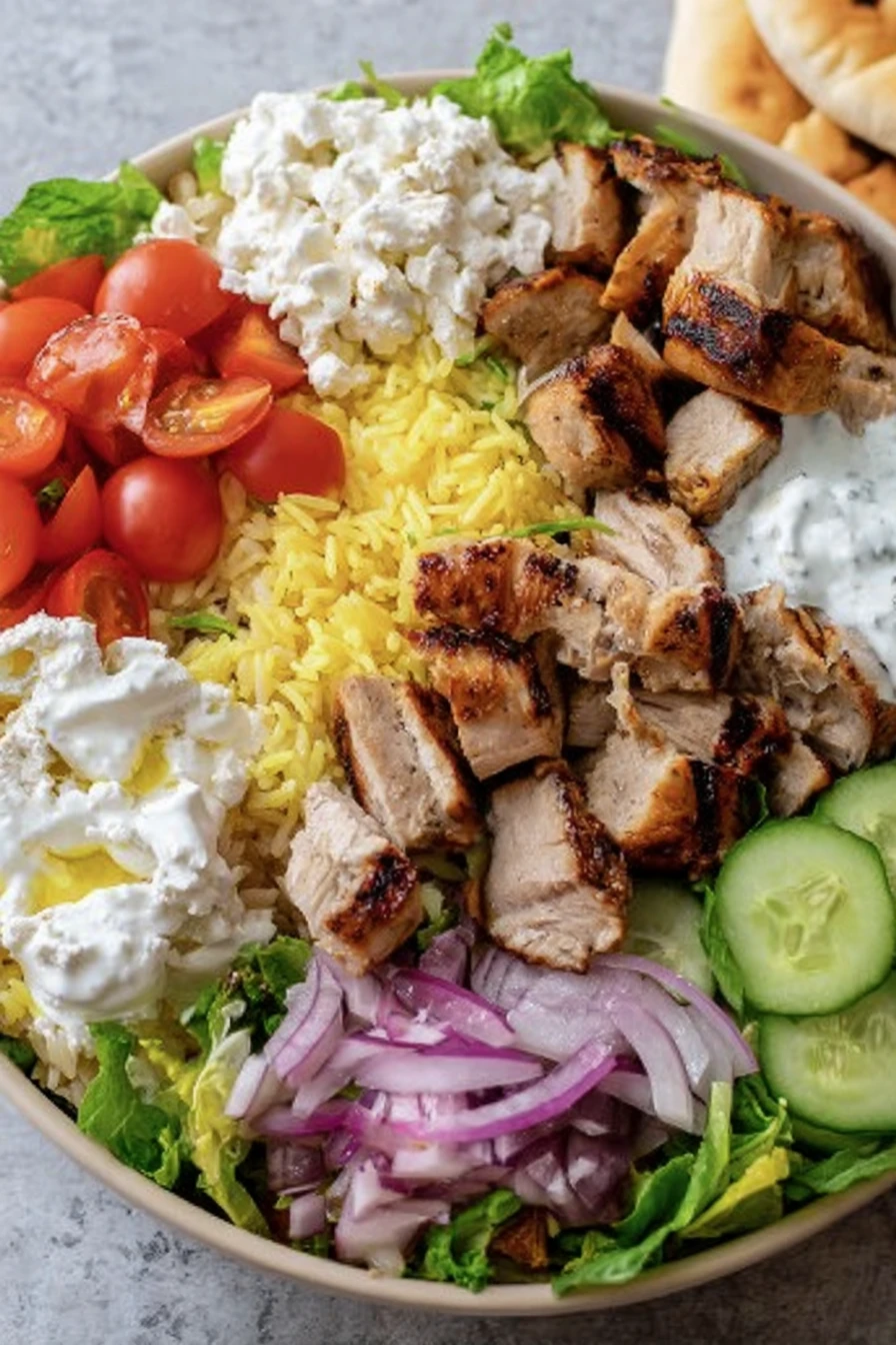 chicken shawarma, flavorful spices, fresh vegetables, Mediterranean cuisine, delicious, colorful, satisfying bowl