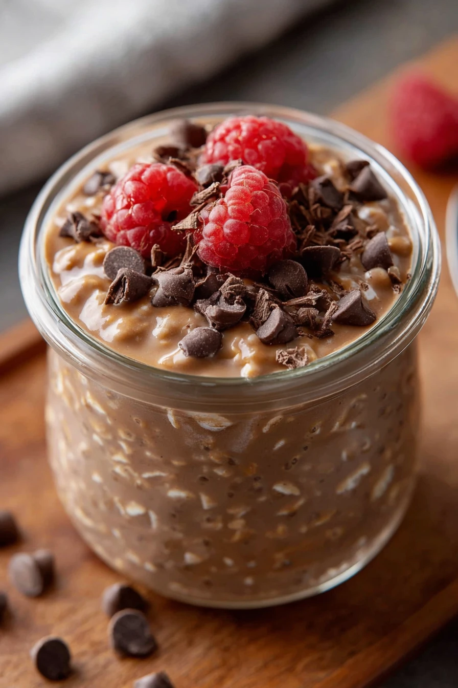 chocolate protein overnight oats, nutritious breakfast, indulgent, creamy, delicious, healthy, energizing, satisfying