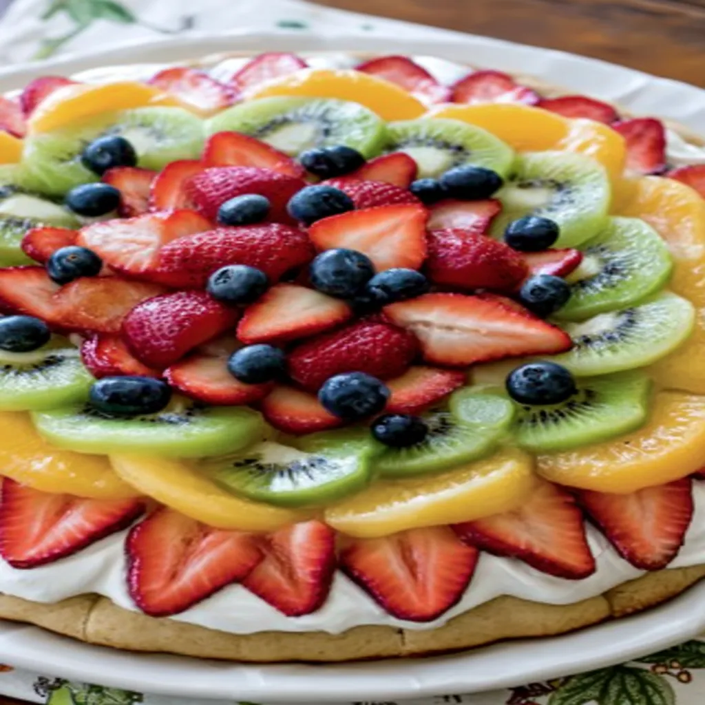 colorful fruit pizza, delicious recipe, vibrant toppings, sweet and juicy, mouthwatering dessert