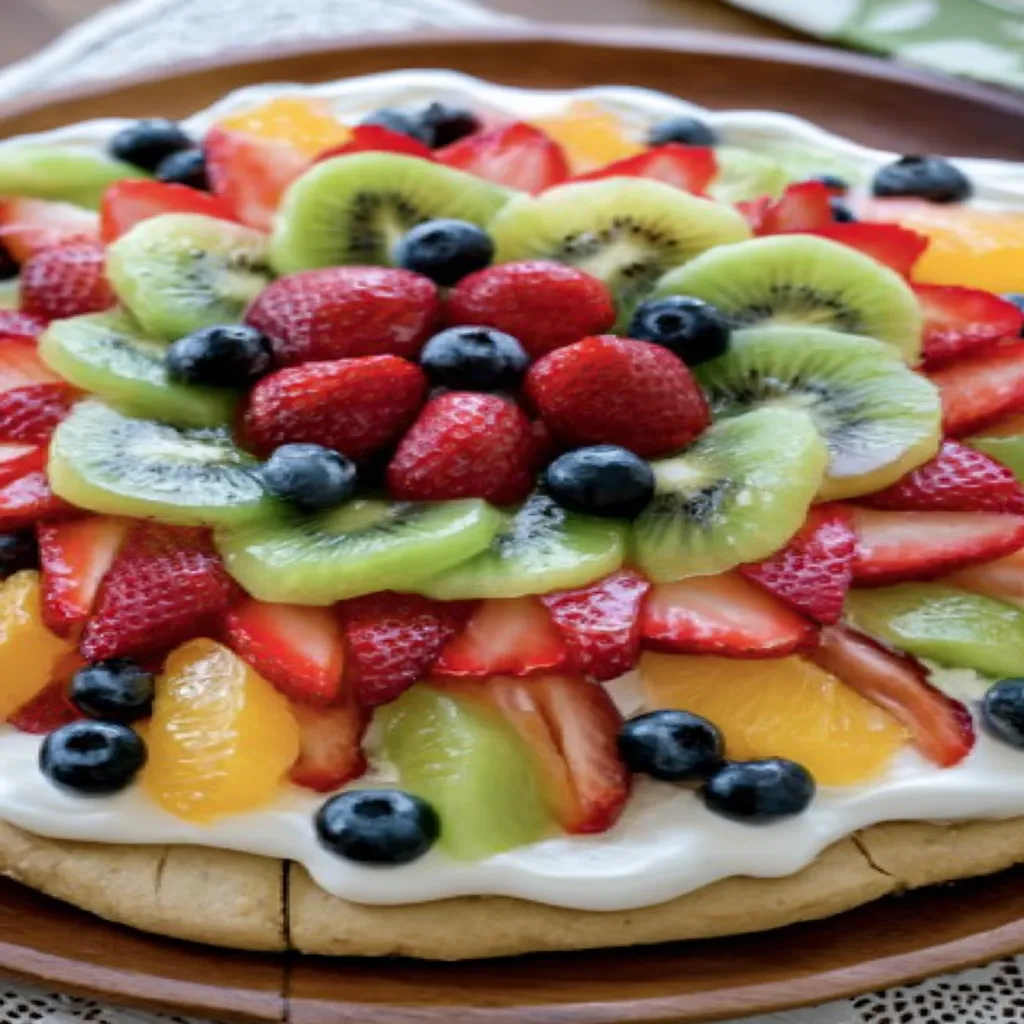 colorful fruit pizza, delicious recipe, vibrant toppings, sweet and juicy, mouthwatering dessert