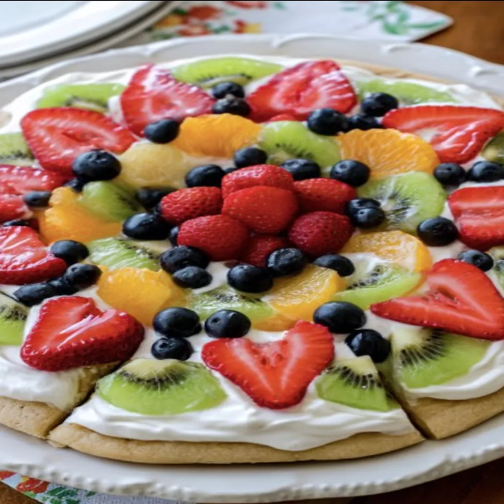 colorful fruit pizza, delicious recipe, vibrant toppings, sweet and juicy, mouthwatering dessert