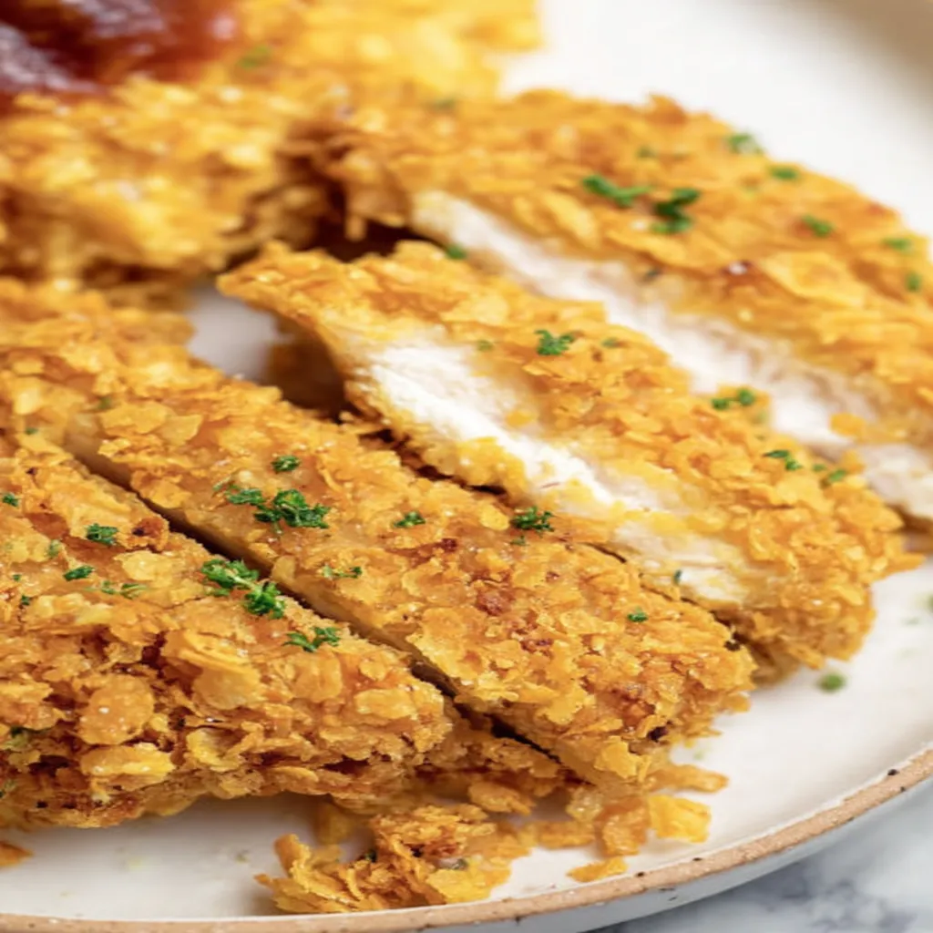 crispy, golden-brown, cornflake chicken, crunchy coating, savory, delicious flavor