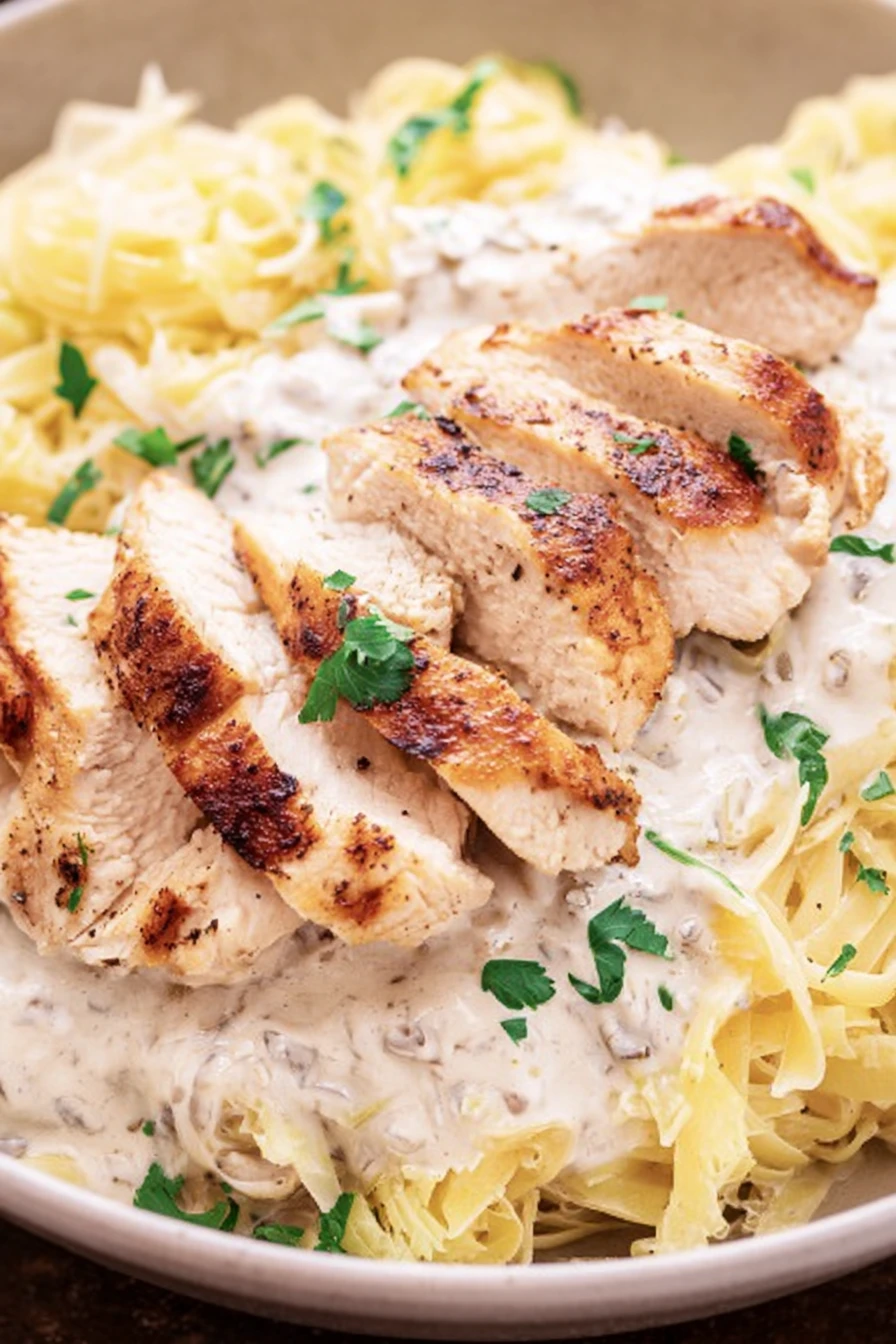 Creamy Chicken Alfredo, dairy indulgence, rich, savory, satisfying, delicious