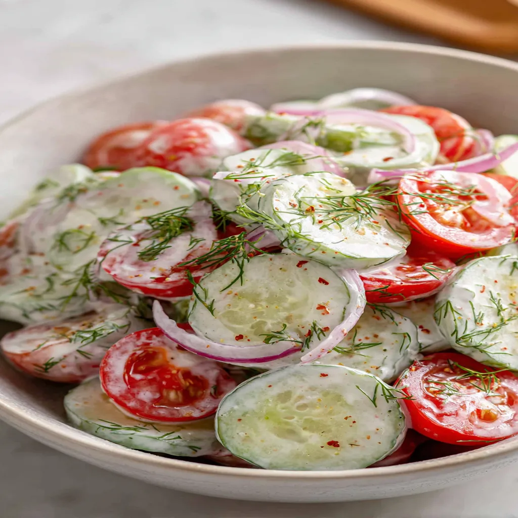 creamy cucumber tomato salad, refreshing, vibrant, summer, colorful, nutritious, crispness, delicious dressing