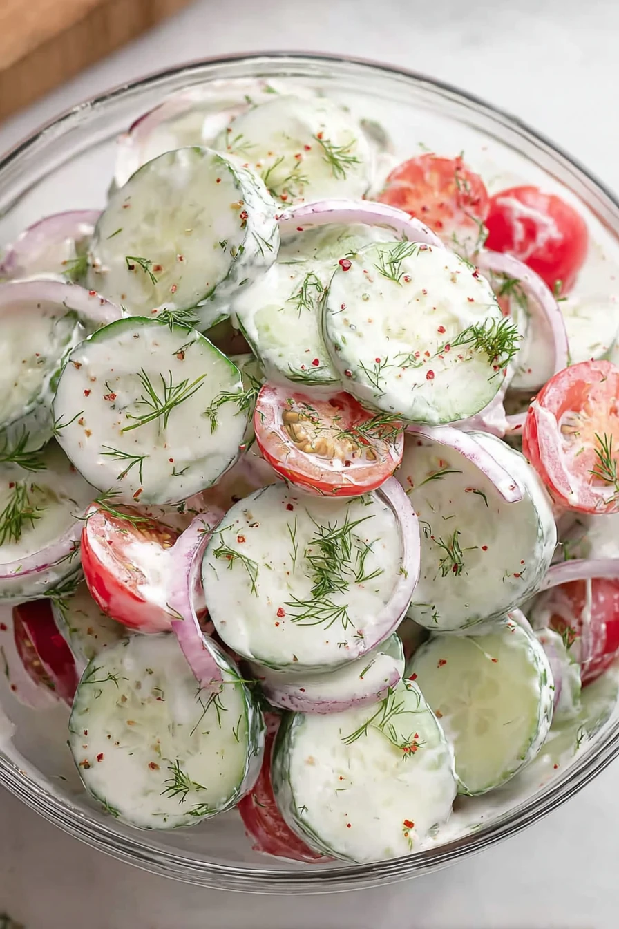 creamy cucumber tomato salad, refreshing, vibrant colors, healthy, summer dish, tangy dressing
