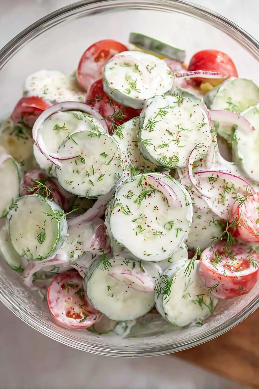 creamy cucumber tomato salad, refreshing, vibrant colors, healthy, summer dish, tangy dressing