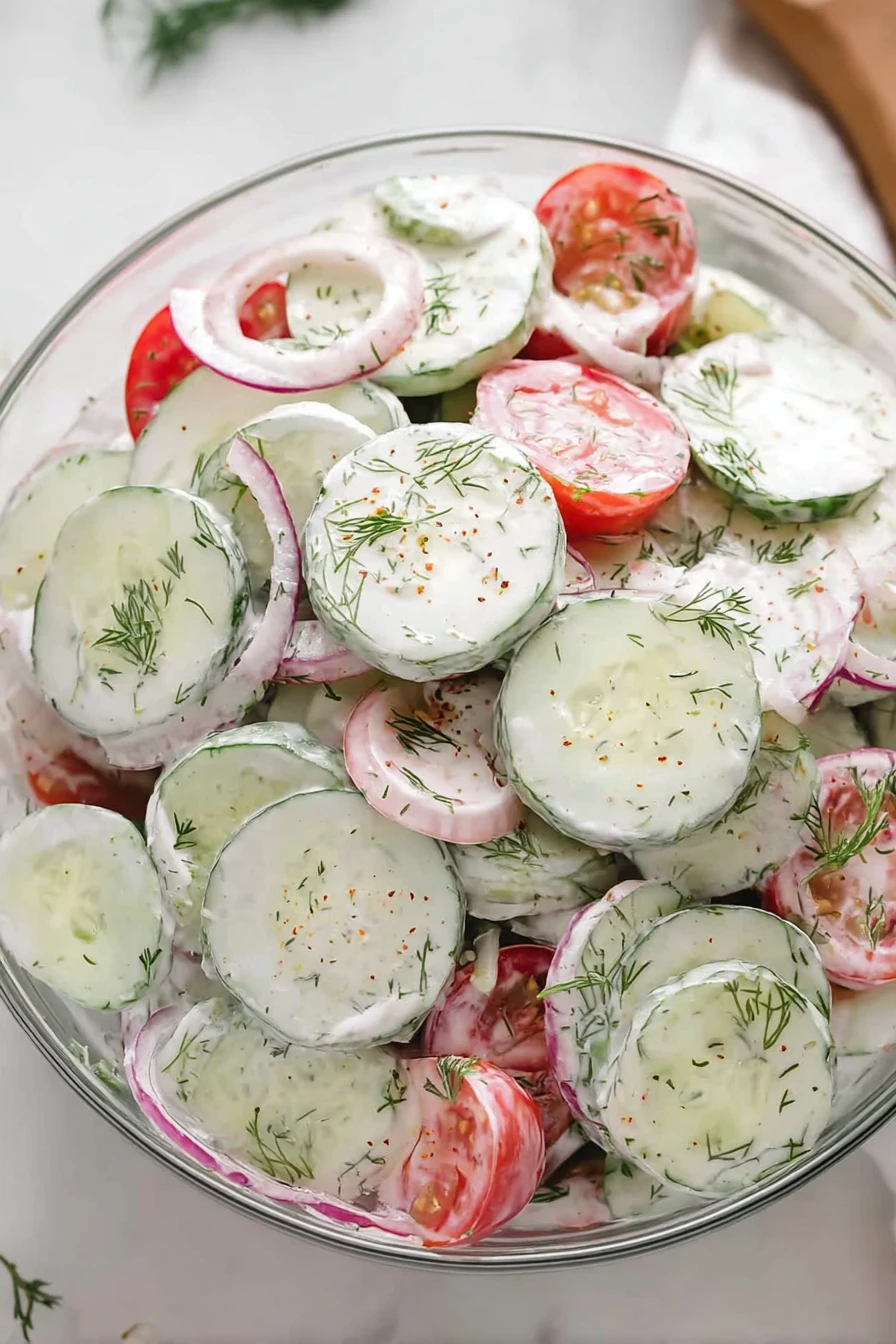 creamy cucumber tomato salad, refreshing, vibrant colors, healthy, summer dish, tangy dressing