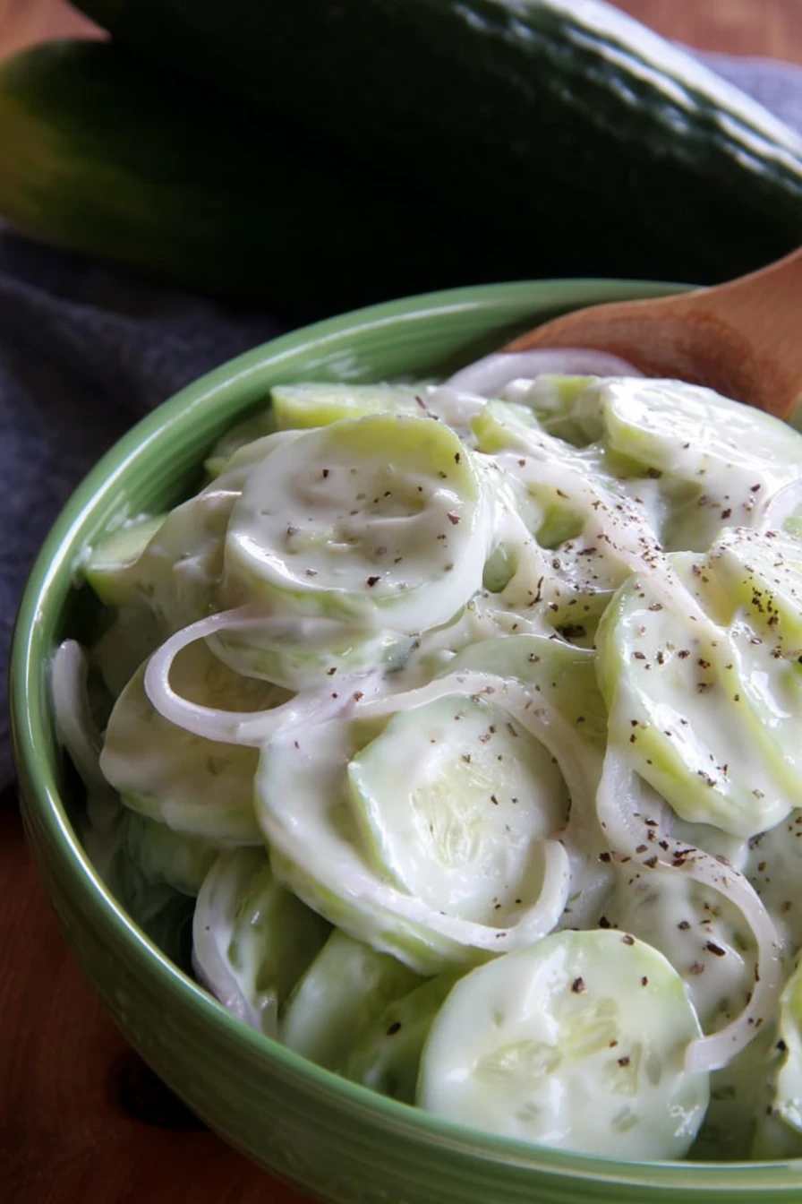 creamy cucumber salad, refreshing, crunchy onions, savory dressing, summer side dish