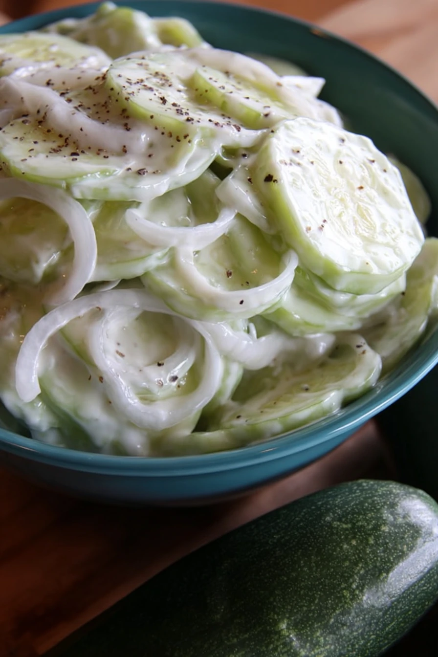 Creamy, refreshing, cucumber salad, onions, tangy dressing, summer side dish