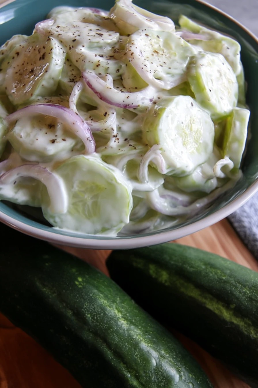 creamy cucumber salad, refreshing, crunchy onions, savory dressing, summer side dish