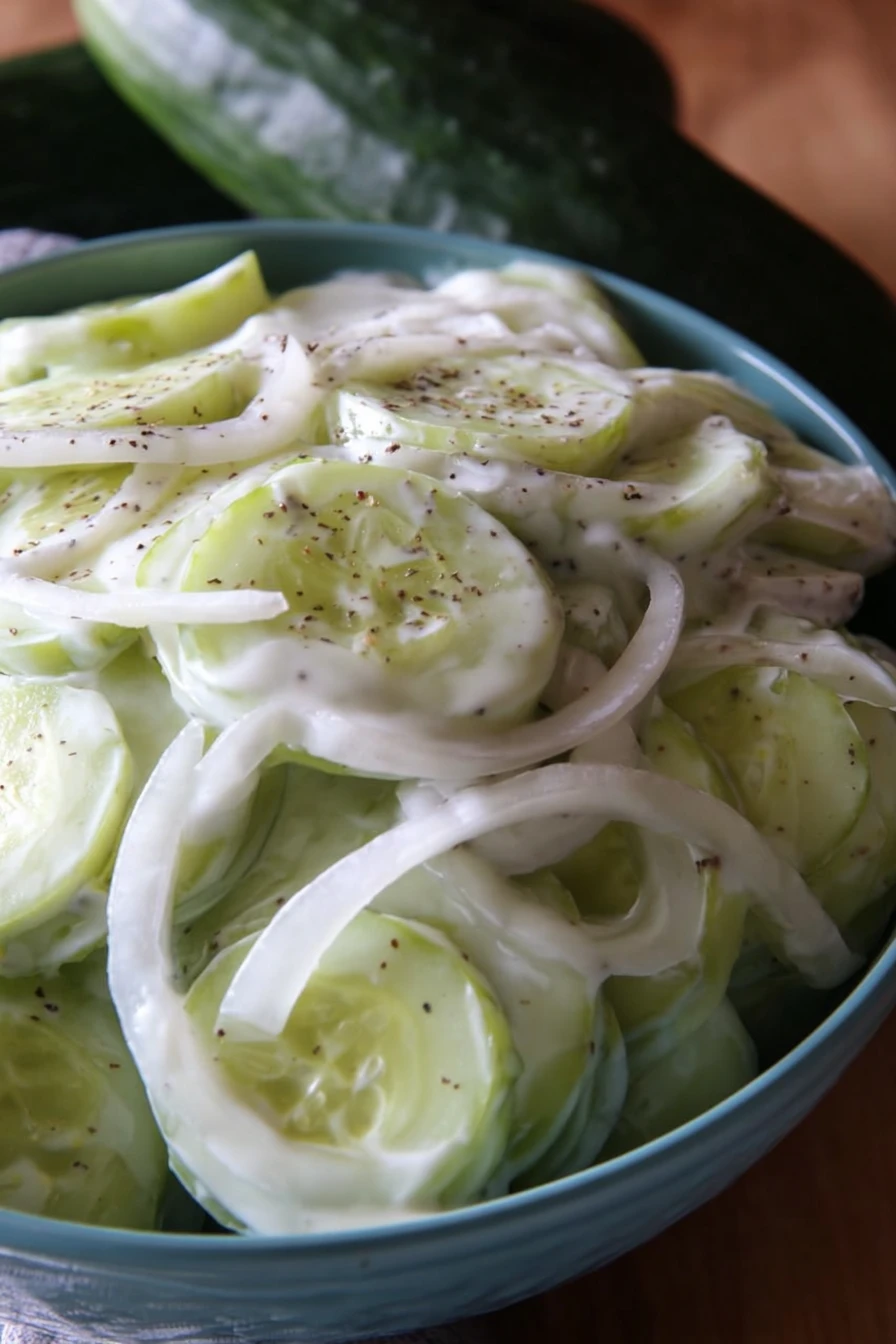 Creamy, refreshing, cucumber salad, onions, tangy dressing, summer side dish