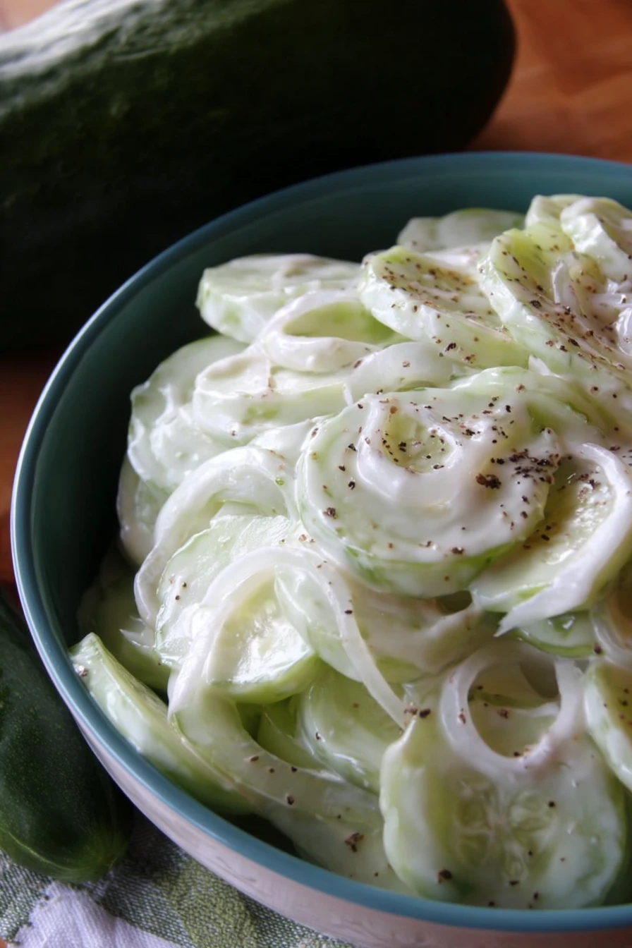 creamy cucumber salad, refreshing, crunchy onions, savory dressing, summer side dish