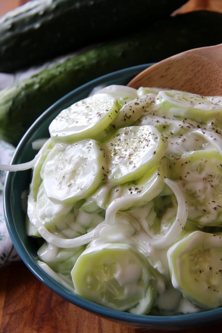 Creamy, refreshing, cucumber salad, onions, tangy dressing, summer side dish