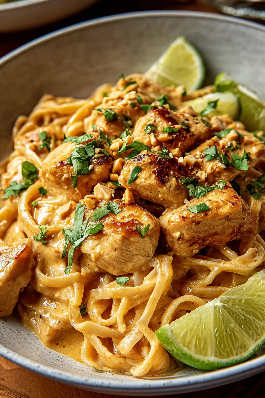 creamy peanut-lime chicken, noodles, savory, flavorful, tangy sauce