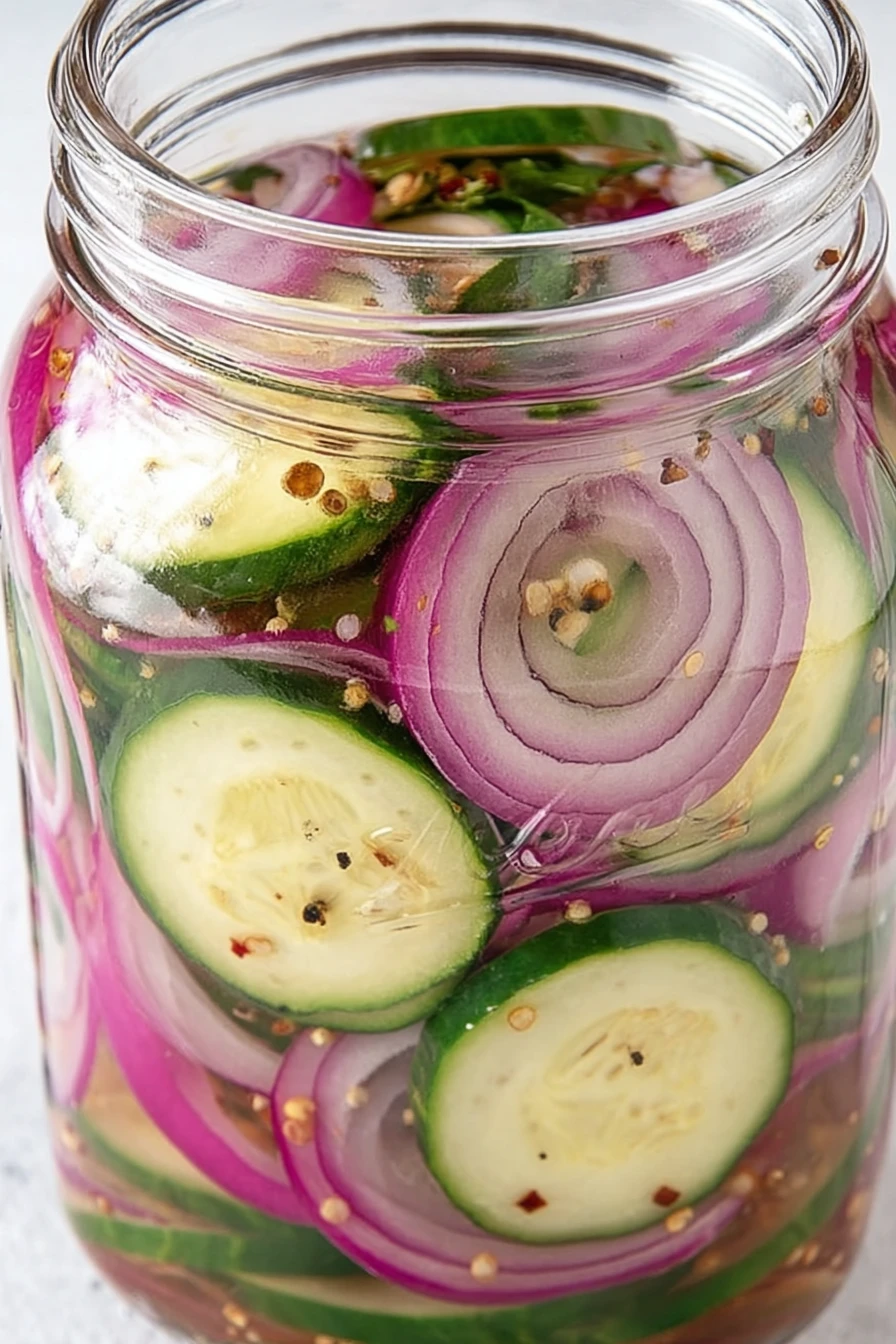 crispy, pickled red onions, cucumbers, tangy, vibrant, refreshing, appetizing