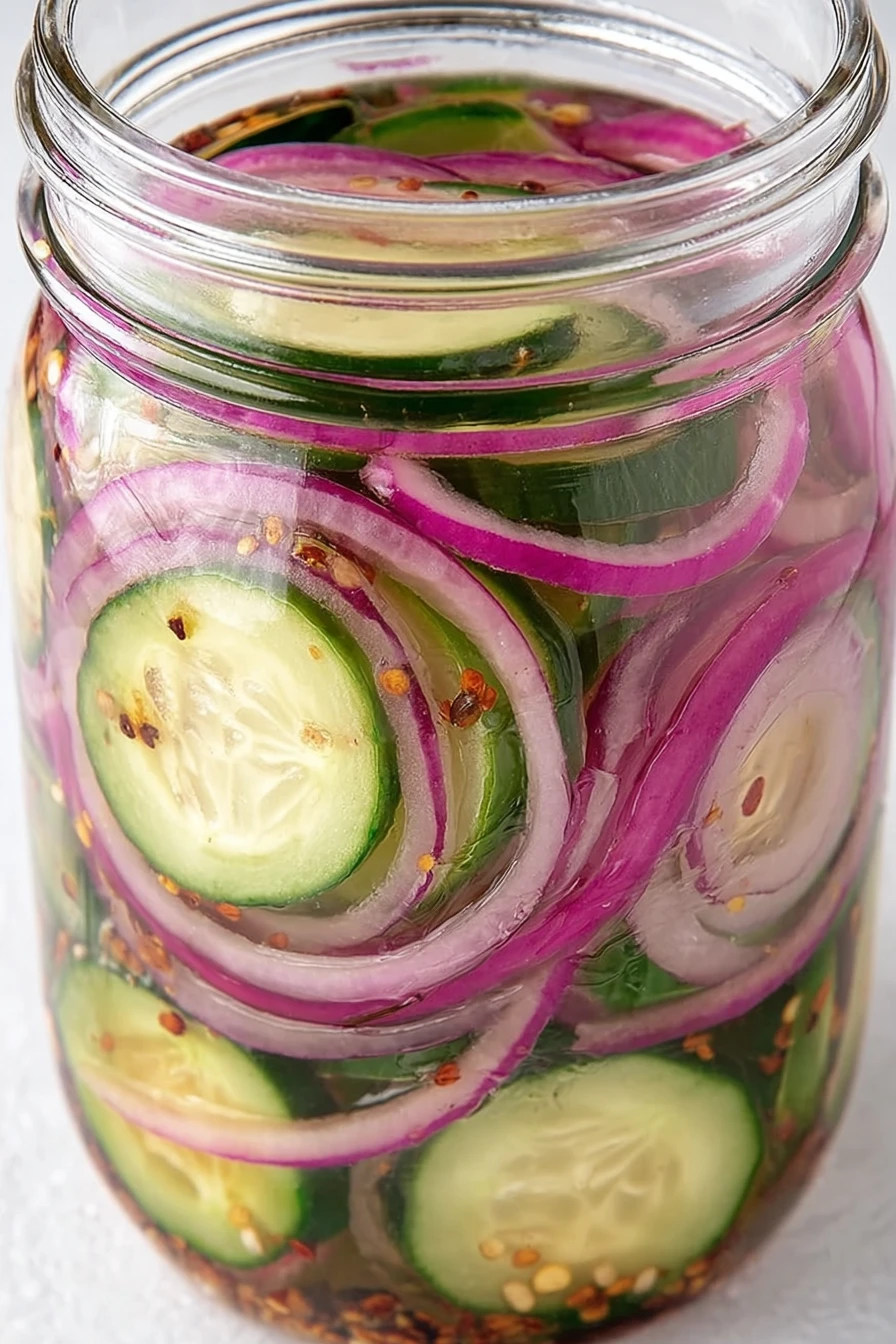 crispy, pickled red onions, cucumbers, tangy, vibrant, refreshing, appetizing