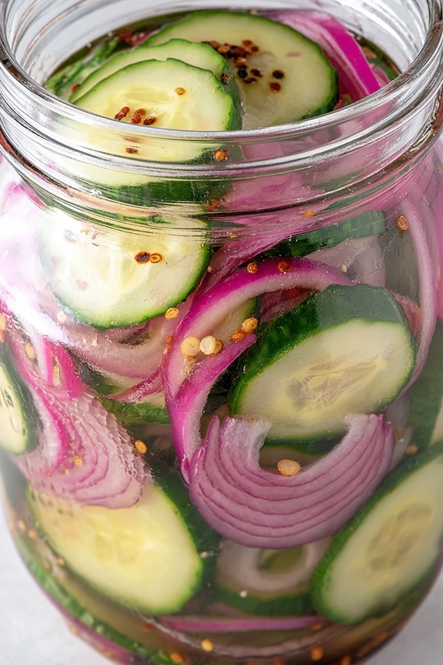 crispy, pickled red onions, cucumbers, tangy, vibrant, refreshing, appetizing