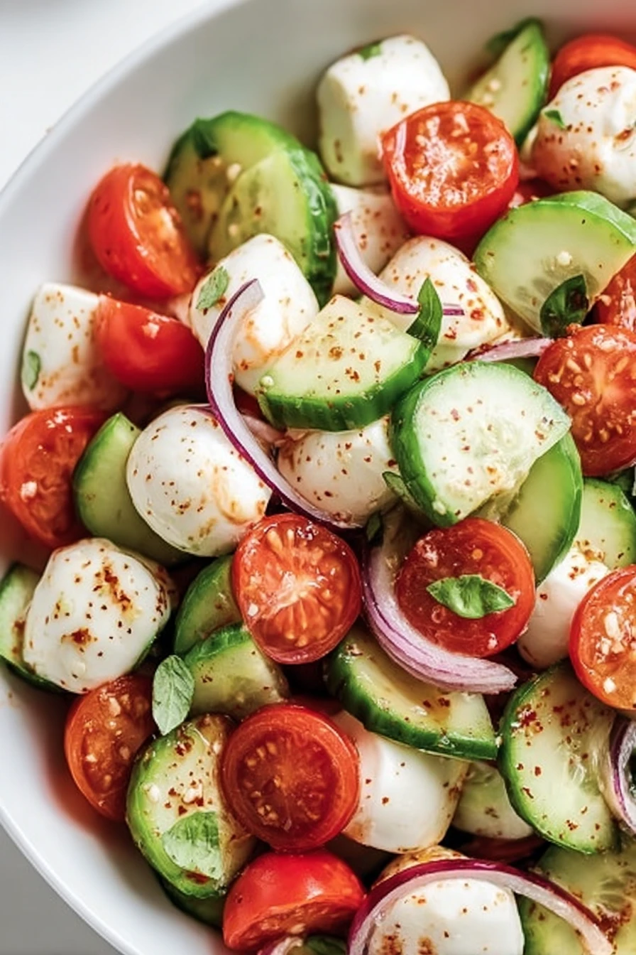 cucumber, caprese salad, fresh, vibrant, colorful, healthy, delicious