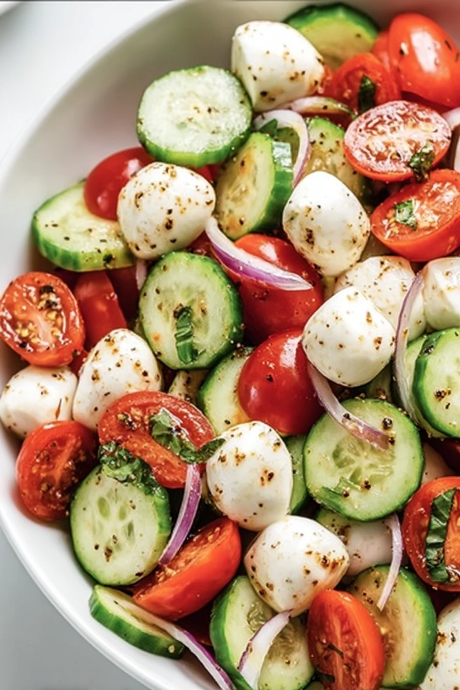 cucumber, caprese salad, fresh, vibrant, colorful, healthy, delicious
