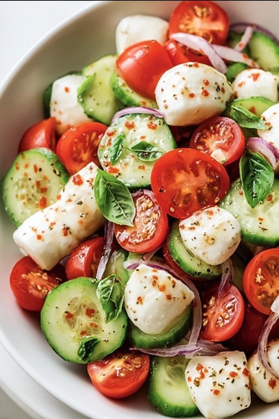 cucumber, caprese salad, fresh, vibrant, colorful, healthy, delicious