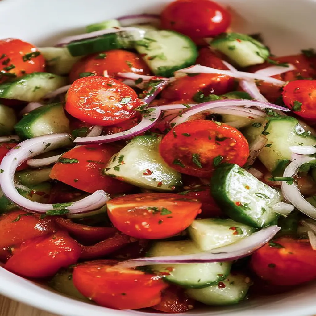 cucumber tomato salad, refreshing summer dish, vibrant colors, crisp and juicy, healthy recipe