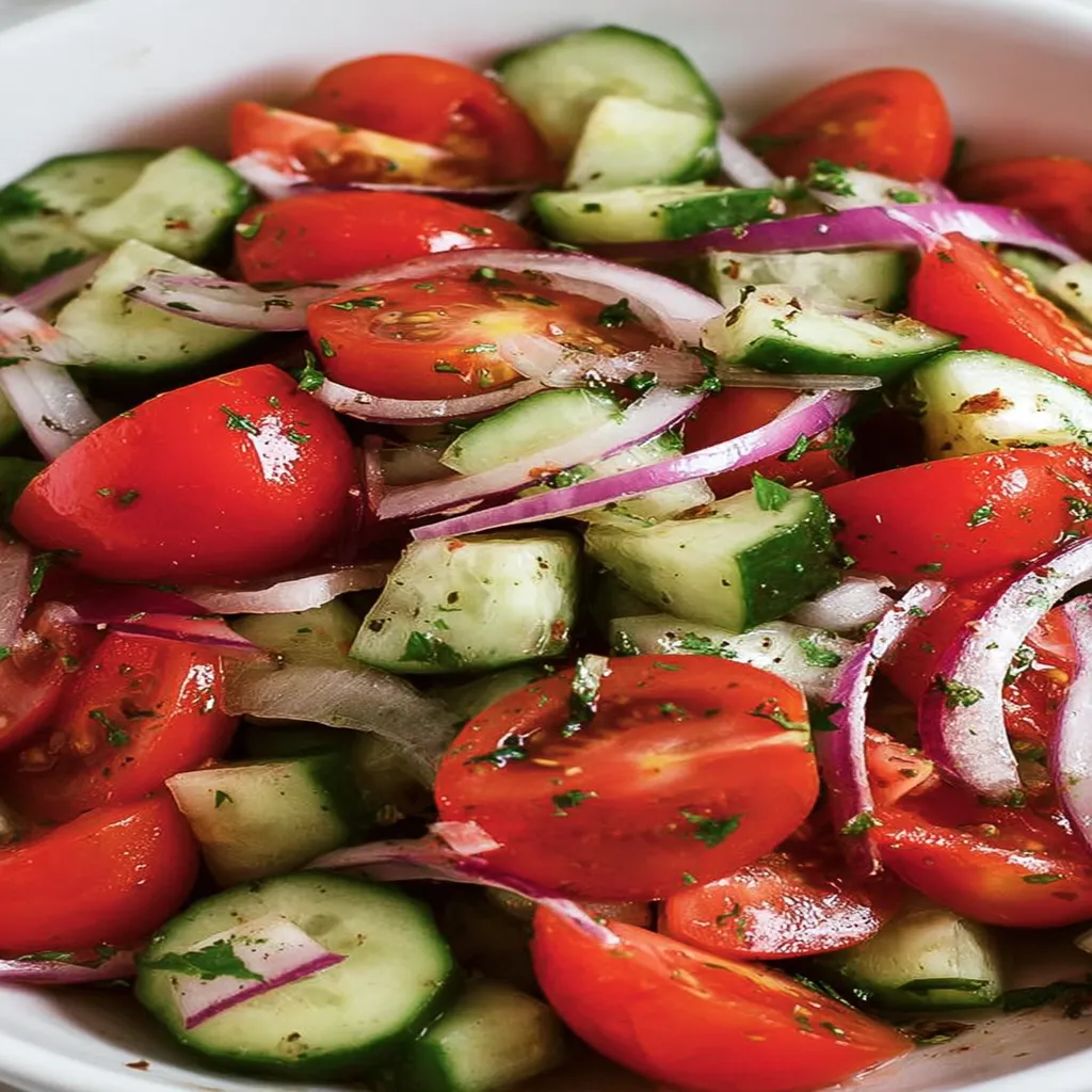 cucumber tomato salad, refreshing summer dish, vibrant colors, crisp and juicy, healthy recipe