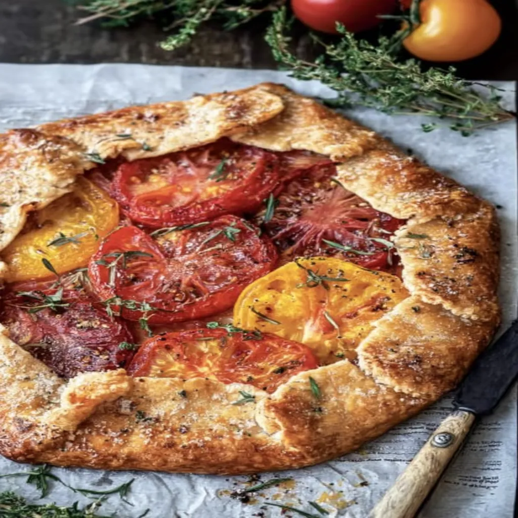 heirloom tomato galette, delicious recipe, flaky crust, vibrant colors, savory herbs